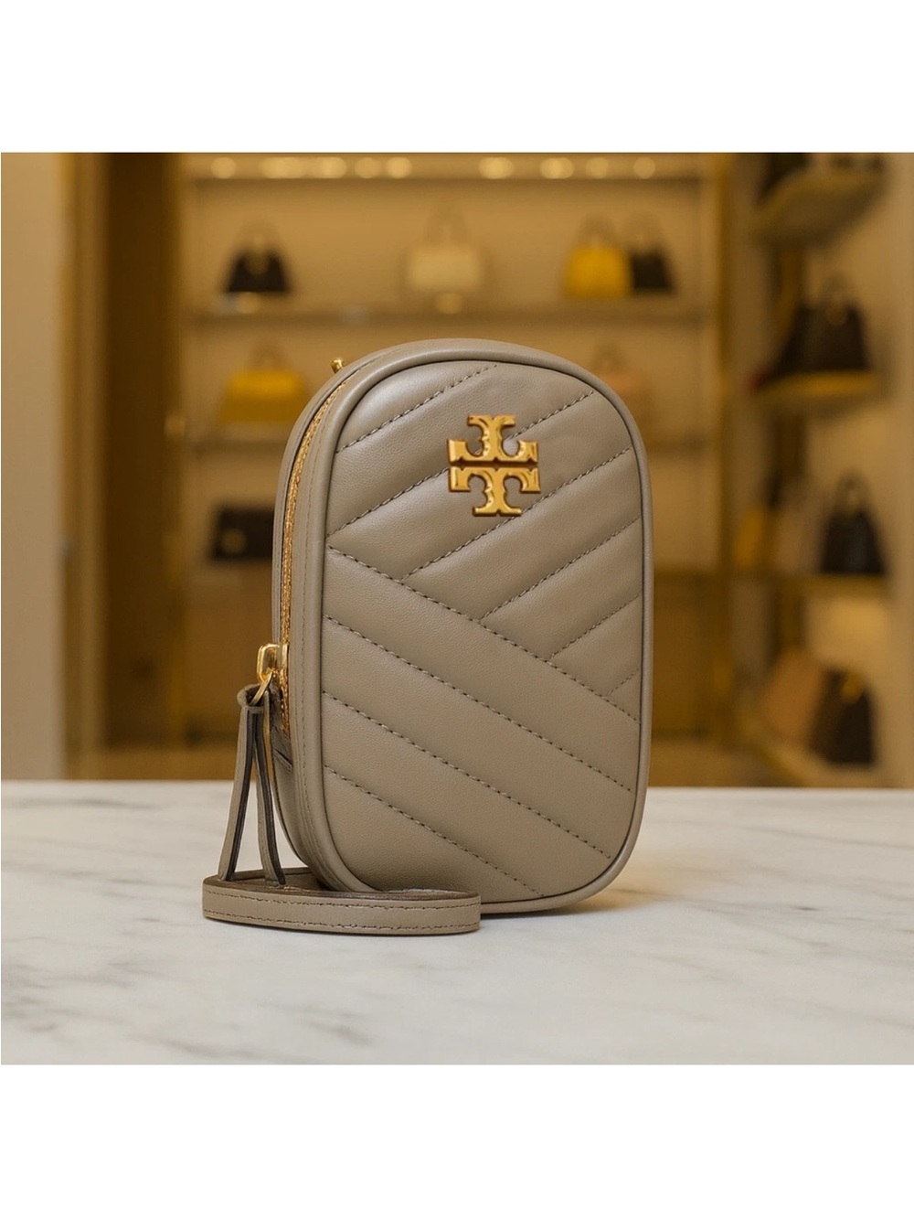Tory Burch Taupe Quilted Leather Crossbody Phone Pouch with Gold Logo